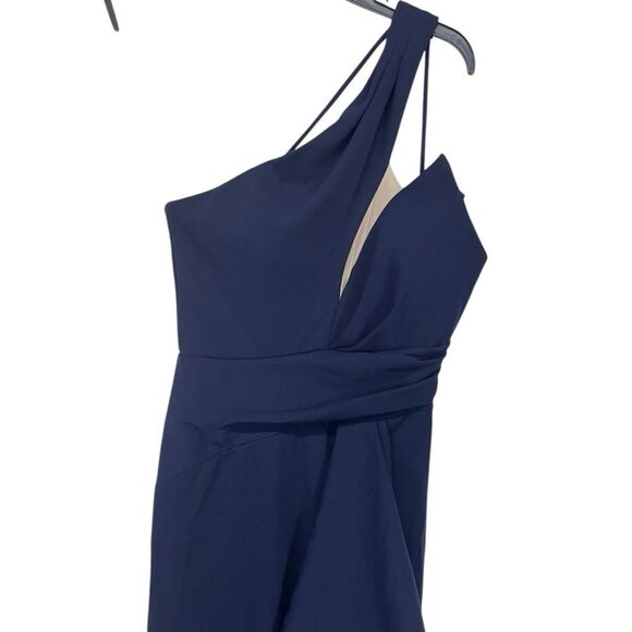 NWT Betsy & Adam | Petites Navy Blue One Shoulder Illusion Evening Dress 4P - Picture 5 of 11
